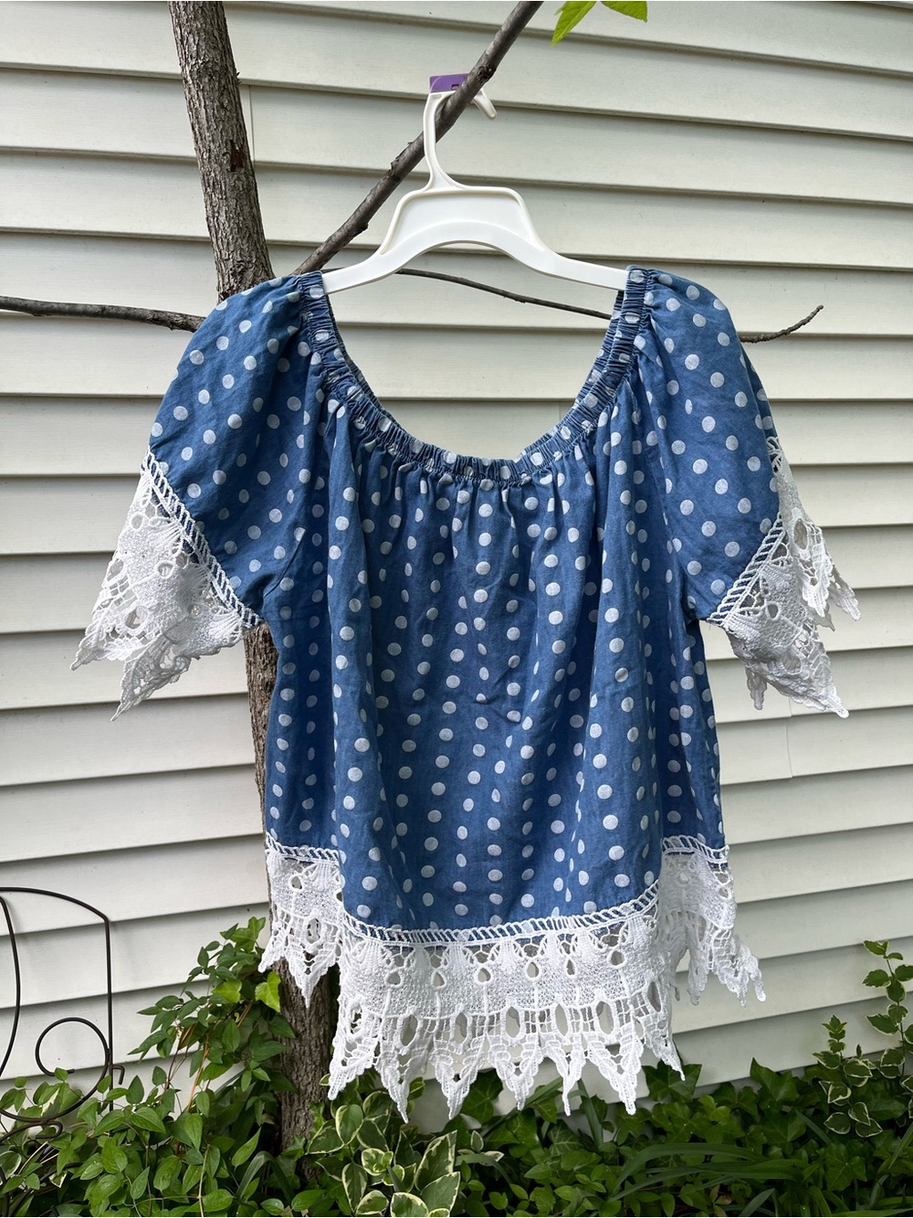 Blue Polka Dot Peasant Blouse with White Lace Trim